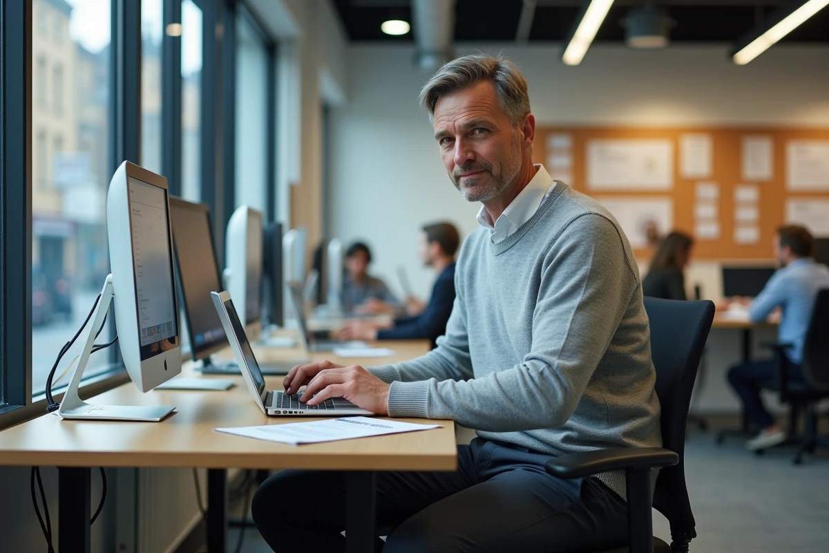 Homme au chômage utilisant un ordinateur portable dans un espace de ressources Pôle emploi pour suivre un programme Solerys