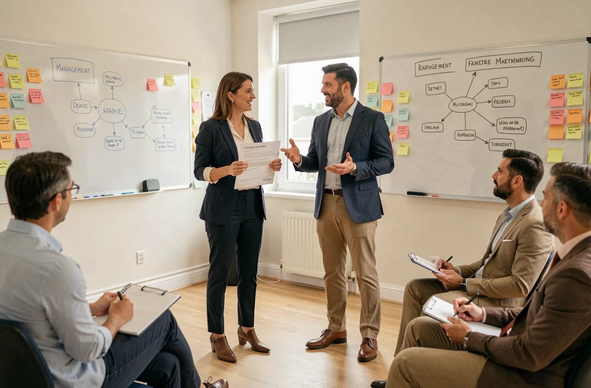 Deux participants en exercice de management dans une salle de formation tertiaire, style Demos formation professionnelle