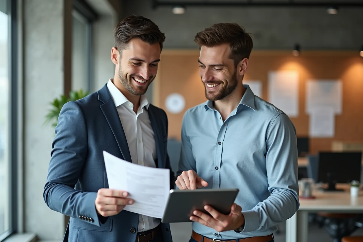 Deux jeunes hommes discutant avec documents et tablette dans un espace partagé