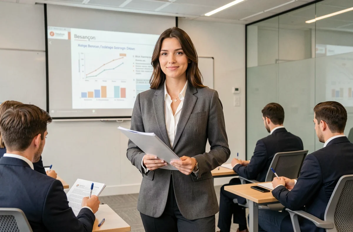 Une étudiante en école de commerce présentant devant ses camarades à l'ECM Besançon, école de commerce et management