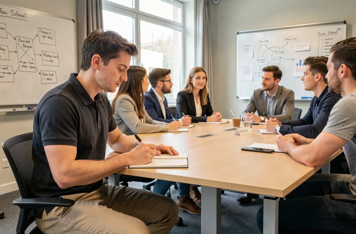 Étudiant prenant des notes lors d'un cours de management à l'Ecofac Business School de Tours
