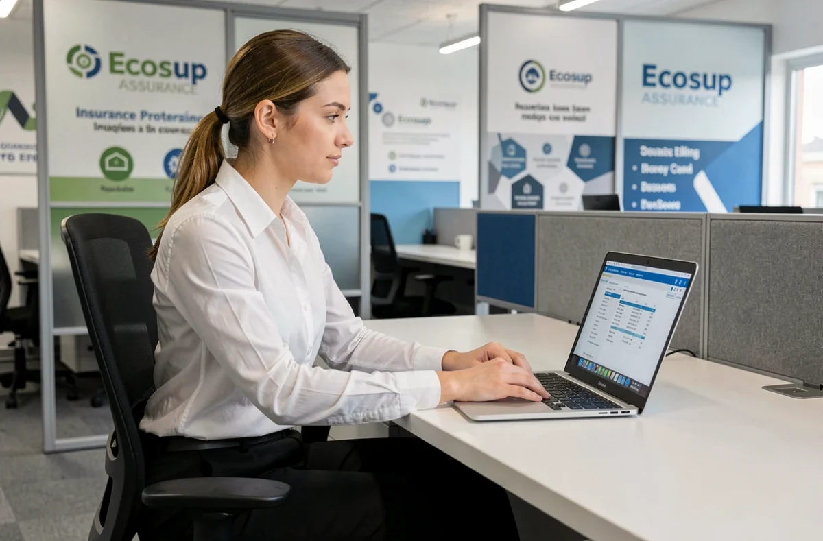 Étudiante en alternance dans le secteur de l'assurance travaillant sur un dossier dans les locaux d'Ecosup Assurance