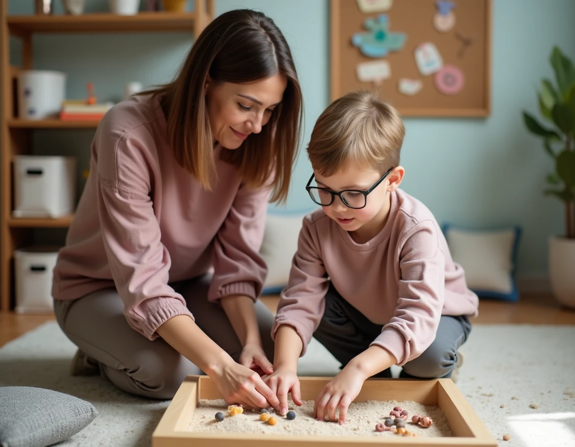 Éducatrice accompagnant un enfant neuroatypique lors d'une activité sensorielle dans un espace pédagogique alternatif