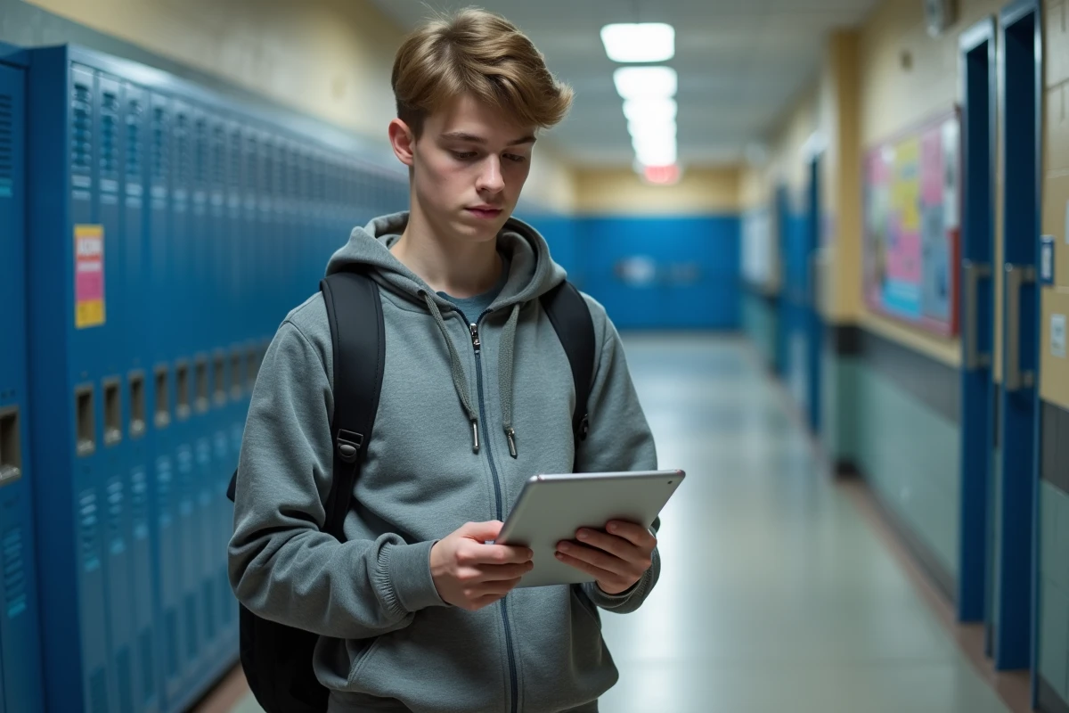 Élève de lycée professionnel consultant des actualités d'orientation sur une tablette dans un couloir scolaire