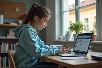 Adolescente utilisant un ordinateur portable pour accéder à l'ENT Cholet depuis son bureau à la maison en 2026
