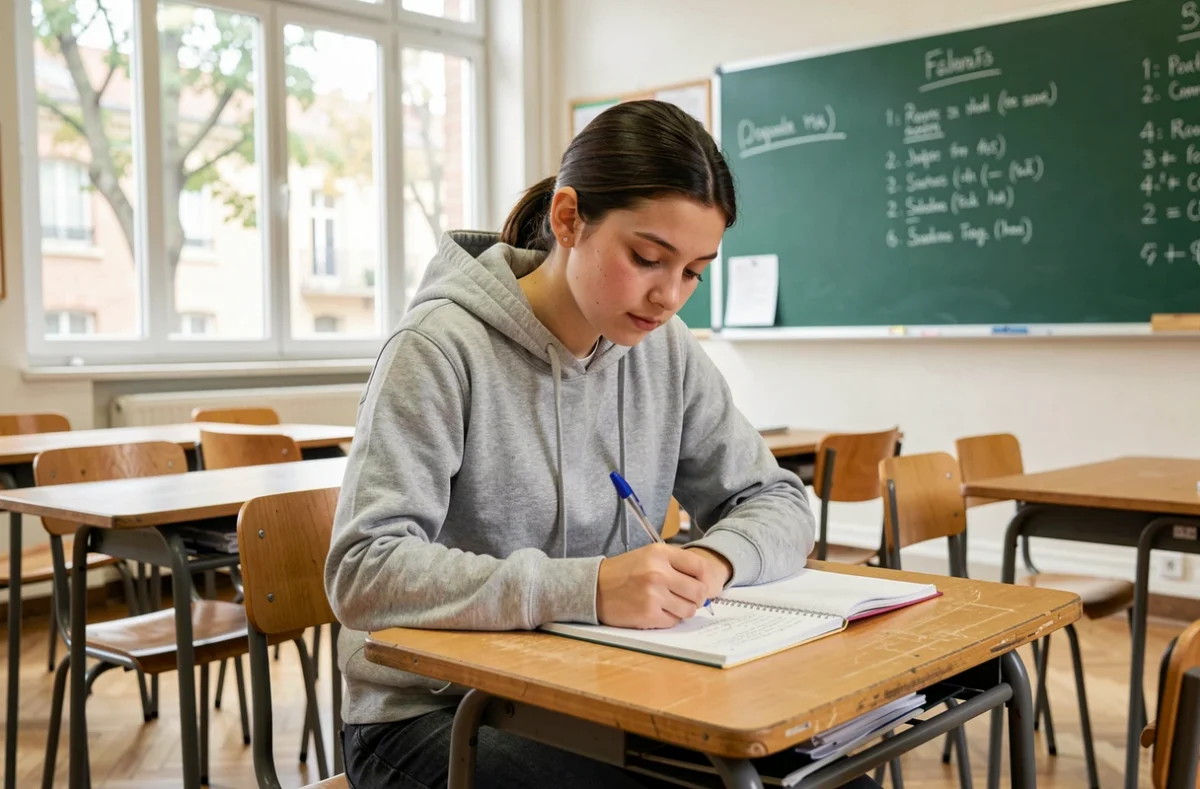 Élève du lycée Jean Moulin de Vincennes concentrée dans sa salle de classe