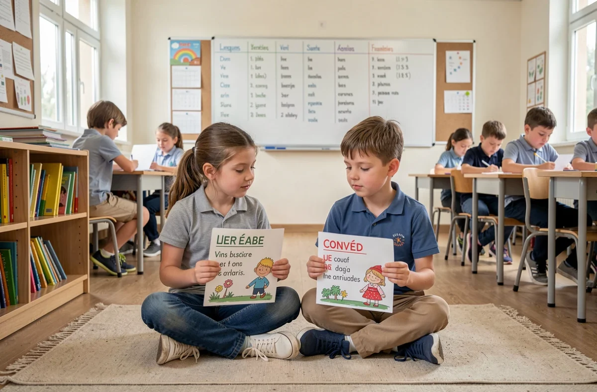 Deux élèves de primaire s'entraînant ensemble à la conjugaison du passé simple avec des cartes de révision en classe