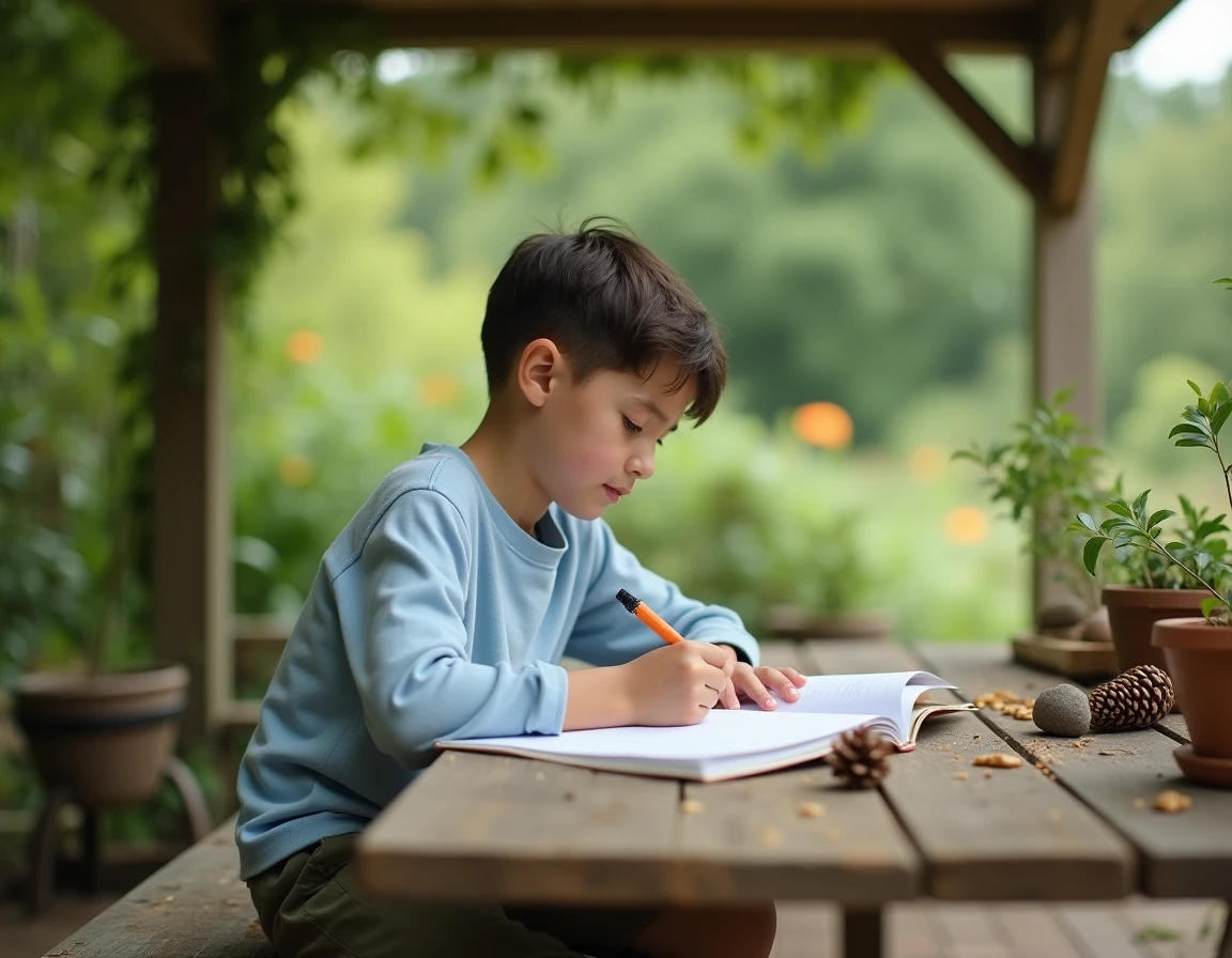 Enfant neuroatypique dessinant en plein air dans un cadre pédagogique alternatif basé sur la nature