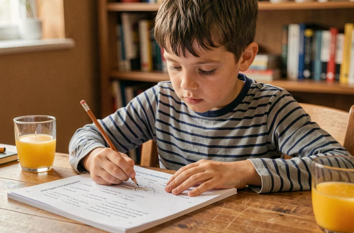 Enfant de primaire travaillant sur des exercices de passé simple dans un cahier de grammaire à la maison