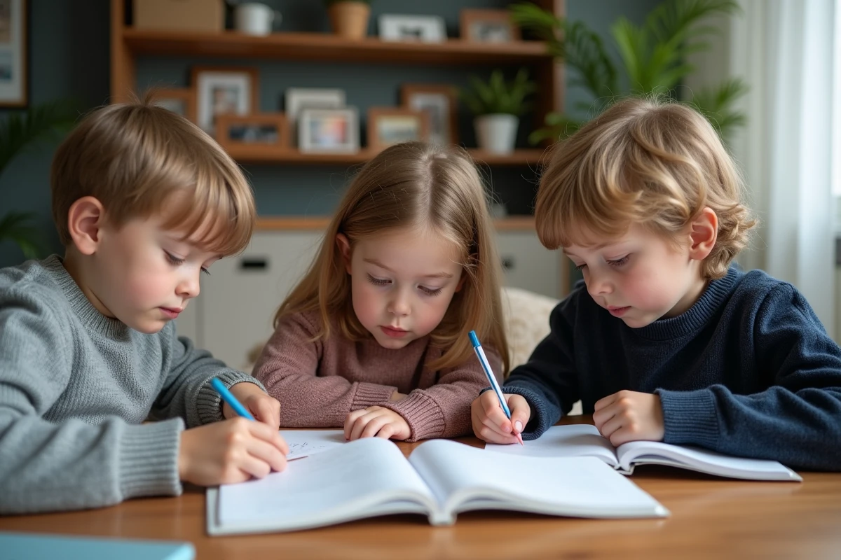 Enfants révisant la grammaire à la maison