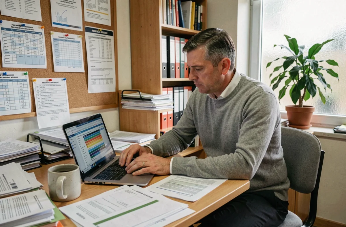 Enseignant du secondaire analysant les grilles indiciaires de rémunération des professeurs en salle des professeurs