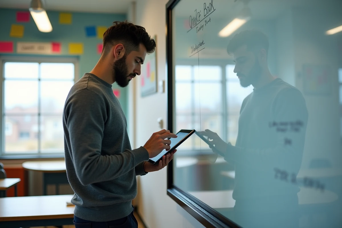 Enseignant utilisant une tablette pour gérer le carnet de notes numérique dans une salle de classe vide