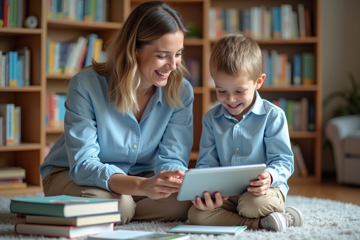 Enseignante aidant un élève avec une tablette en bibliothèque