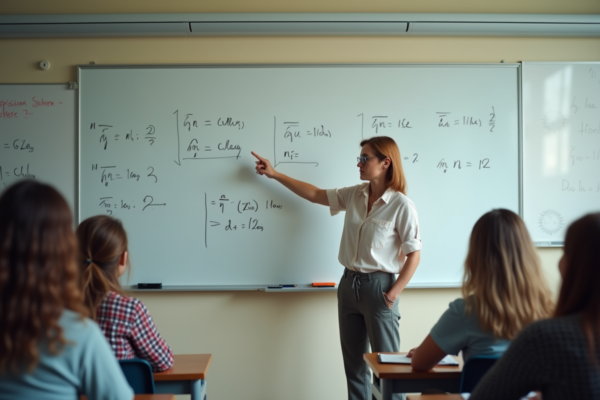 Enseignante devant un tableau blanc en classe
