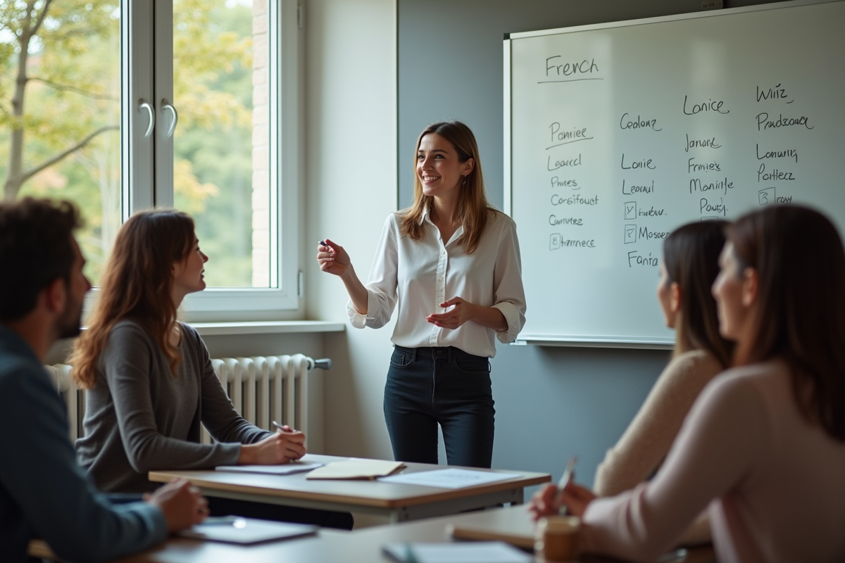 Professeure de français enseignant avec tableau blanc