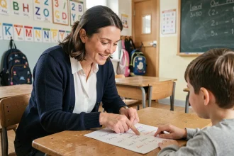 Enseignante expliquant la conjugaison du passé simple à un élève de primaire dans une salle de classe