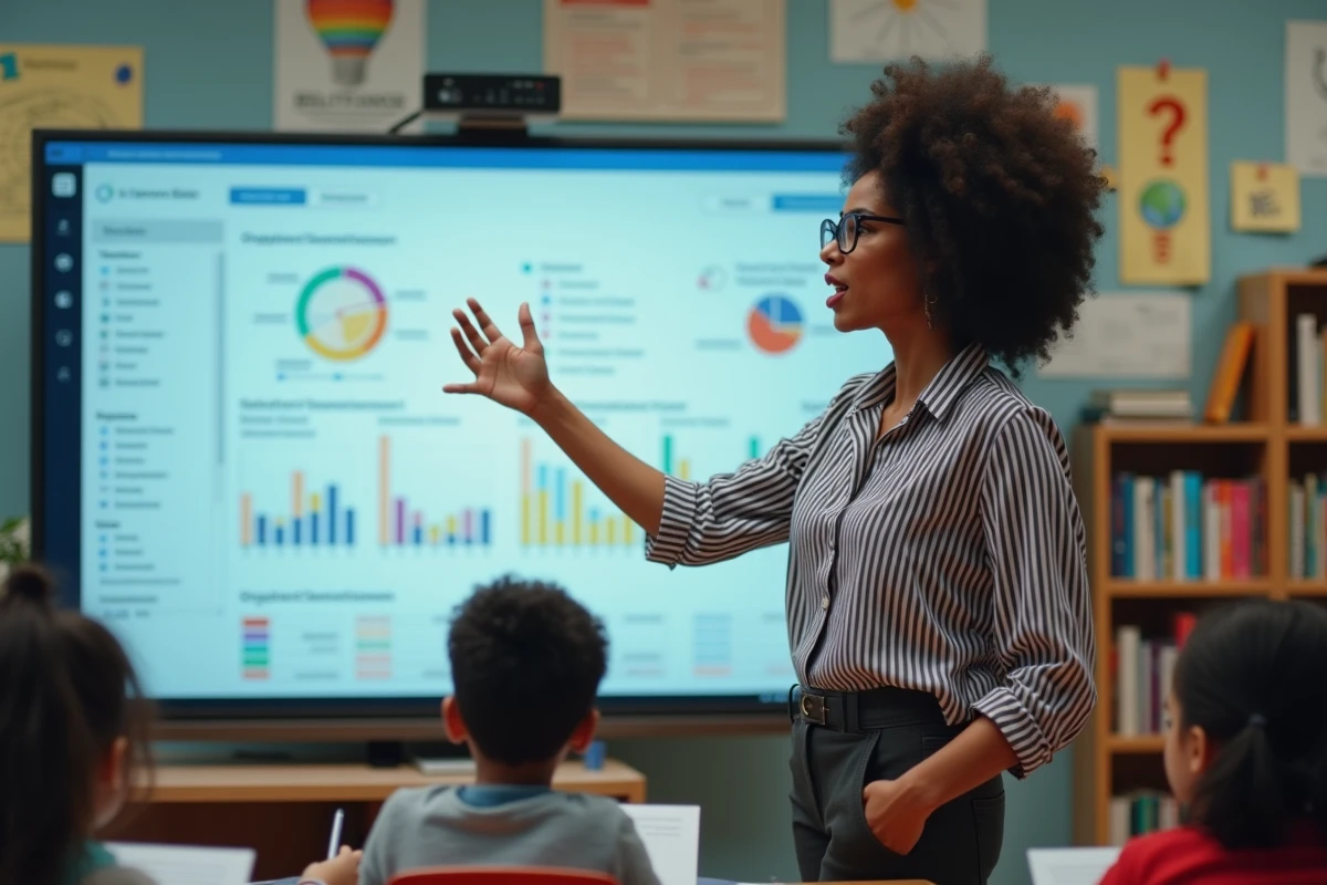 Jeune enseignante avec tableau interactif en classe