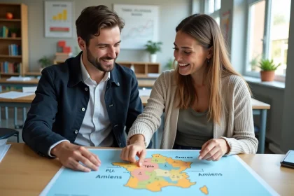 Deux jeunes enseignants discutent d'une carte de France dans une classe moderne