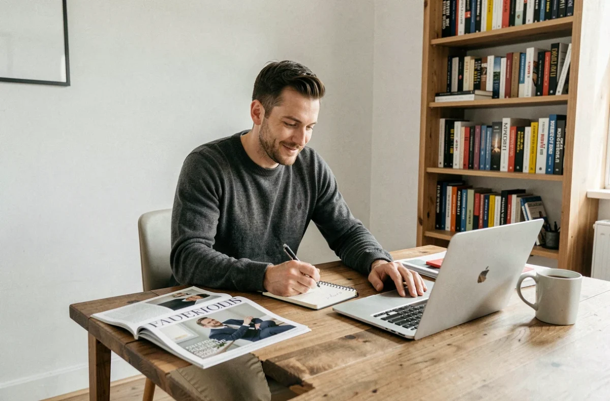 Entrepreneur prenant des notes à domicile en consultant un magazine de formation pour créateurs d'entreprise