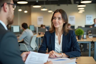 Femme en entretien avec un conseiller Pôle emploi dans une agence moderne, examinant des documents de recherche d'emploi