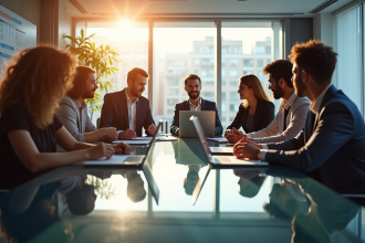 Equipe diverse en réunion autour d'une table moderne