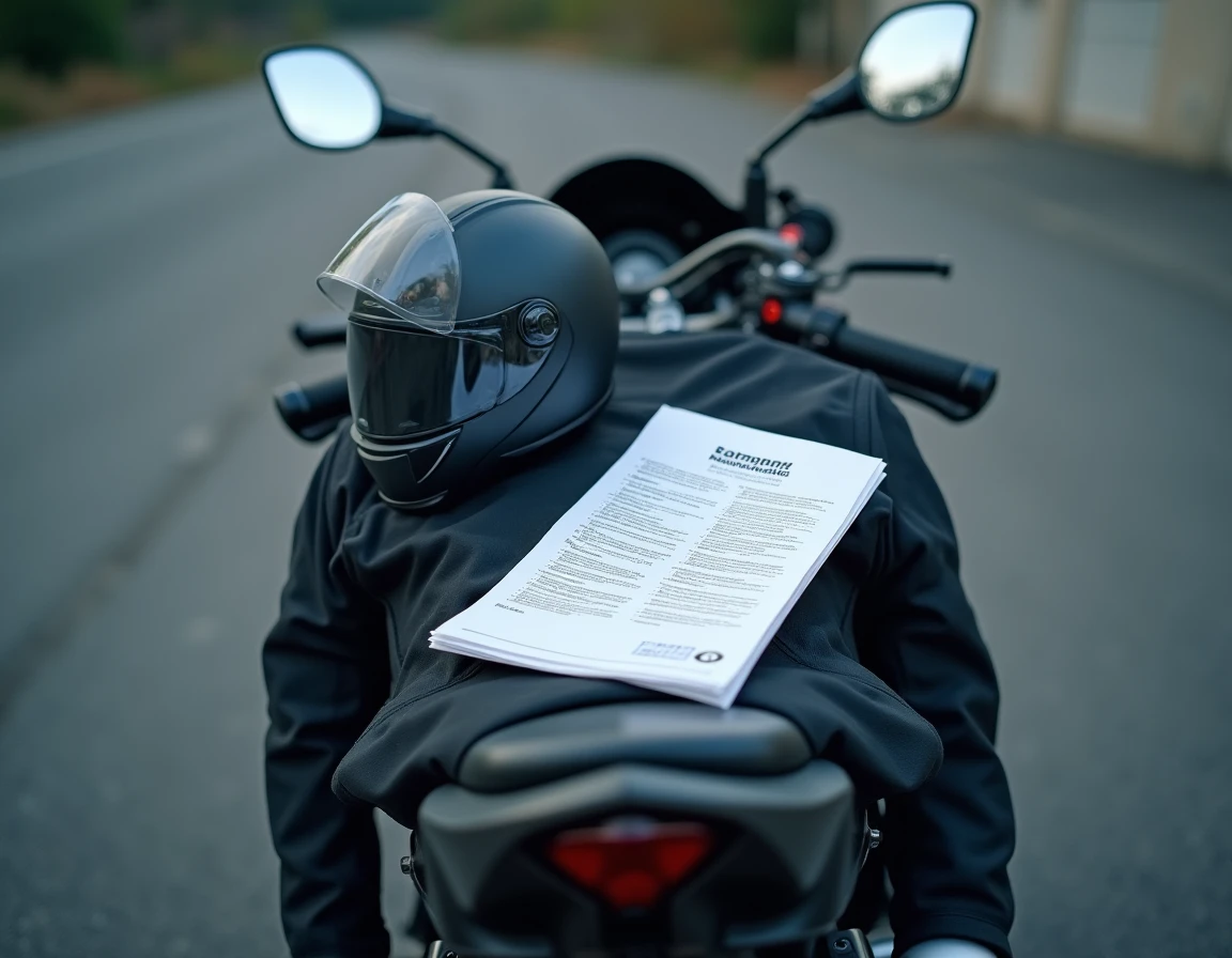 Équipement moto et document de permis A2 posés sur la selle d'une moto dans une auto-école