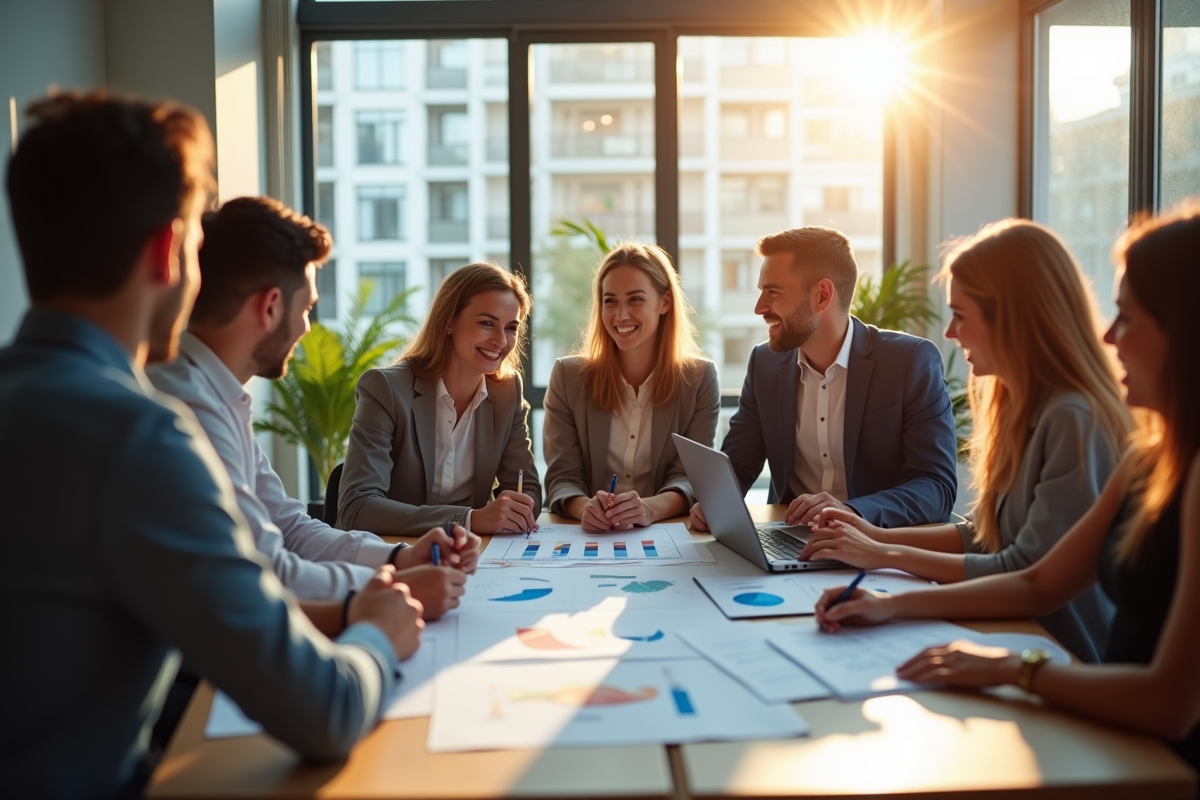Groupe de professionnels collaborant dans un bureau lumineux