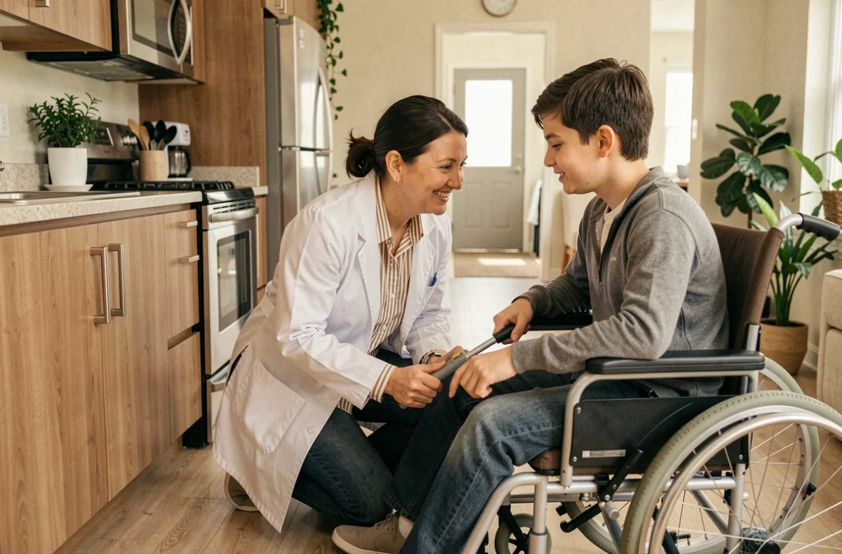 Ergothérapeute accompagnant un patient en fauteuil roulant dans un appartement aménagé pour l'accessibilité et l'autonomie