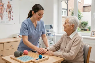 Ergothérapeute accompagnant un patient âgé lors d'une séance de rééducation des mains en cabinet de réhabilitation