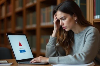 Étudiante frustrée face à une erreur de connexion sur le portail Mail Académie Bordeaux depuis une bibliothèque universitaire