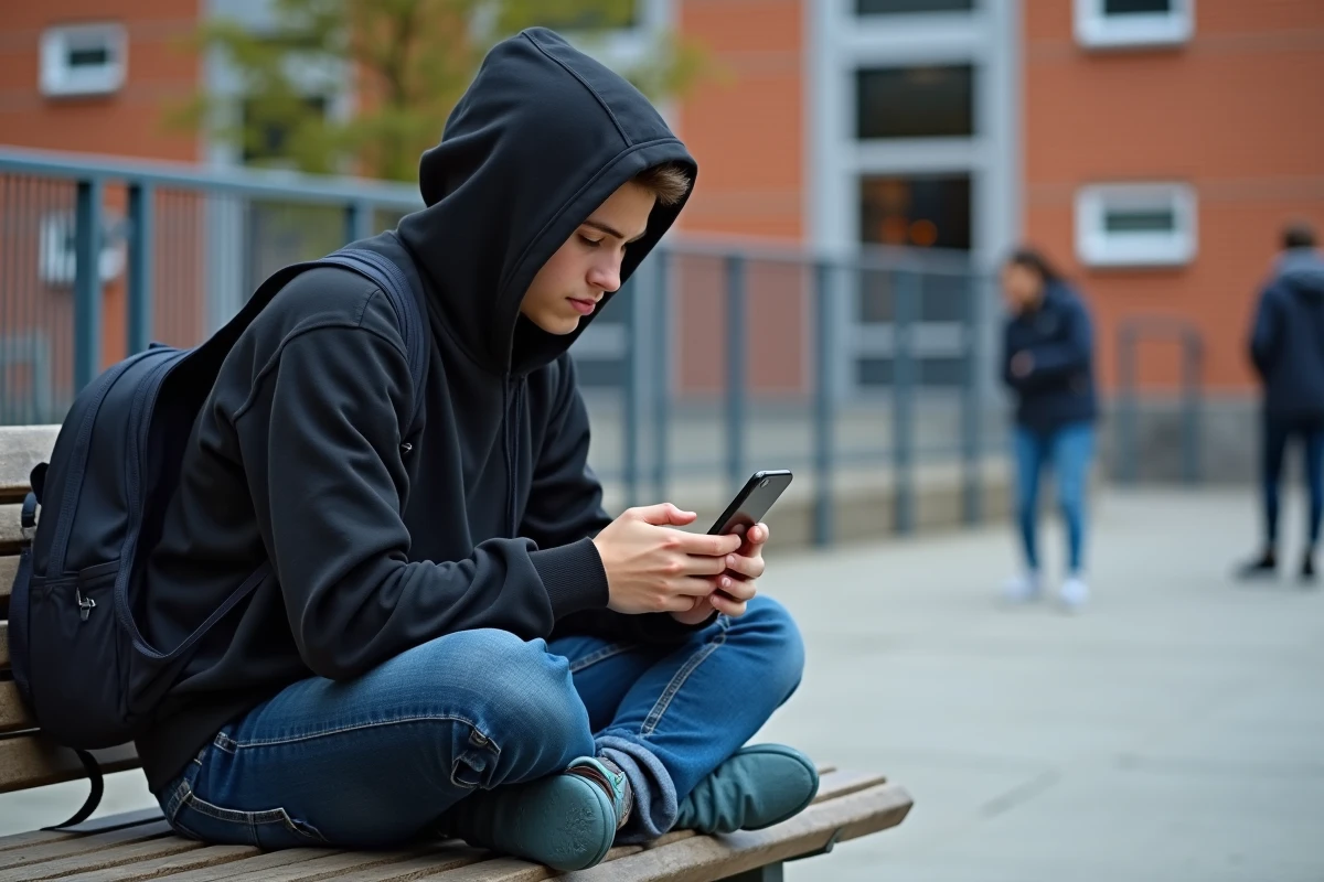 Lycéen consultant une erreur de connexion au Mail Académie Bordeaux sur son smartphone dans la cour de l'école
