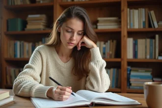 Jeune femme étudiant les conjugaisons du conditionnel présent espagnol dans un carnet de notes manuscrites sur un bureau en bois
