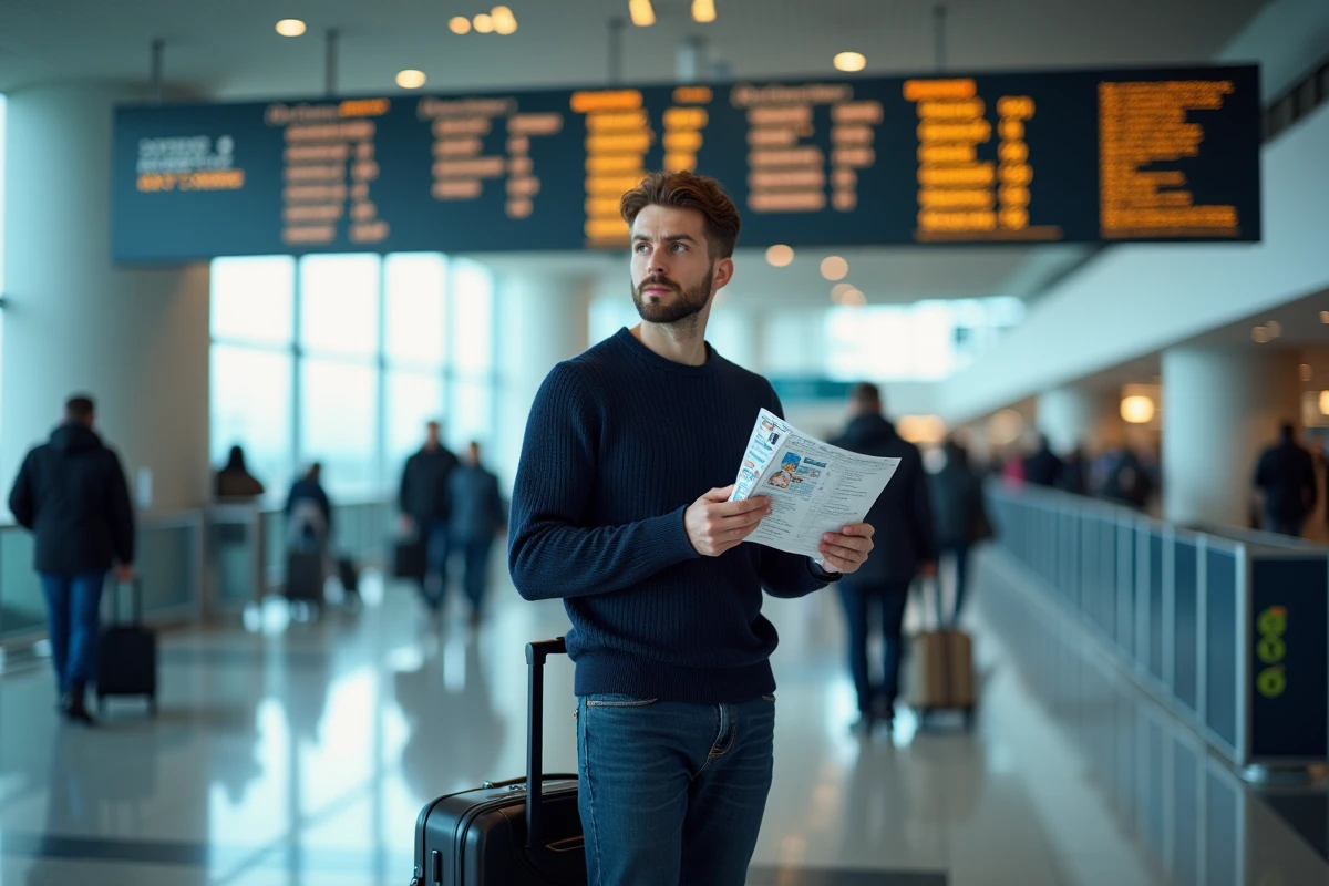 Étudiant en mobilité internationale à l'aéroport avec bagages et documents de voyage universitaires