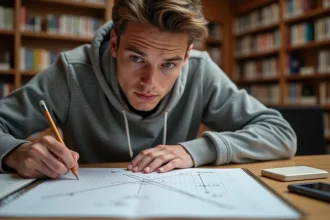 Étudiant en mathématiques traçant des vecteurs sur du papier quadrillé dans une bibliothèque universitaire