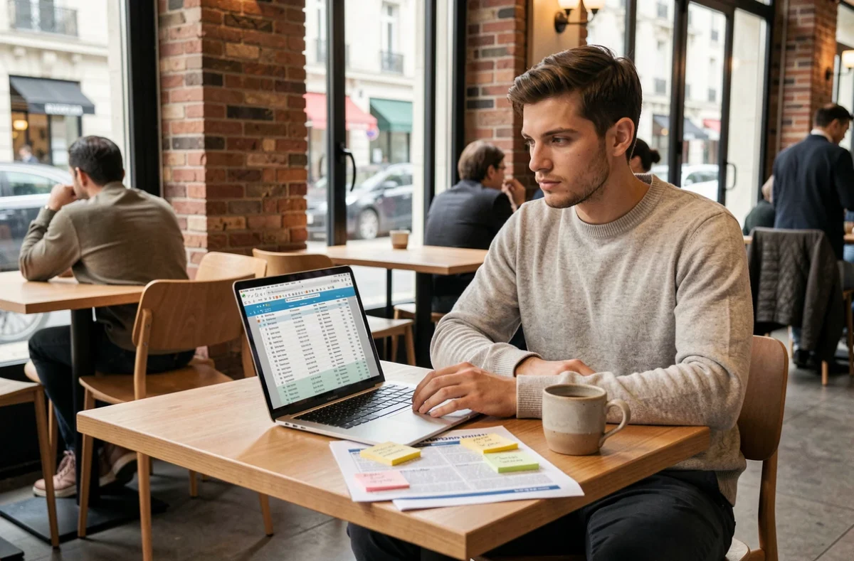Étudiant en prépa HEC révisant les coefficients BCE 2026 dans un café parisien avec ordinateur et guides d'admission