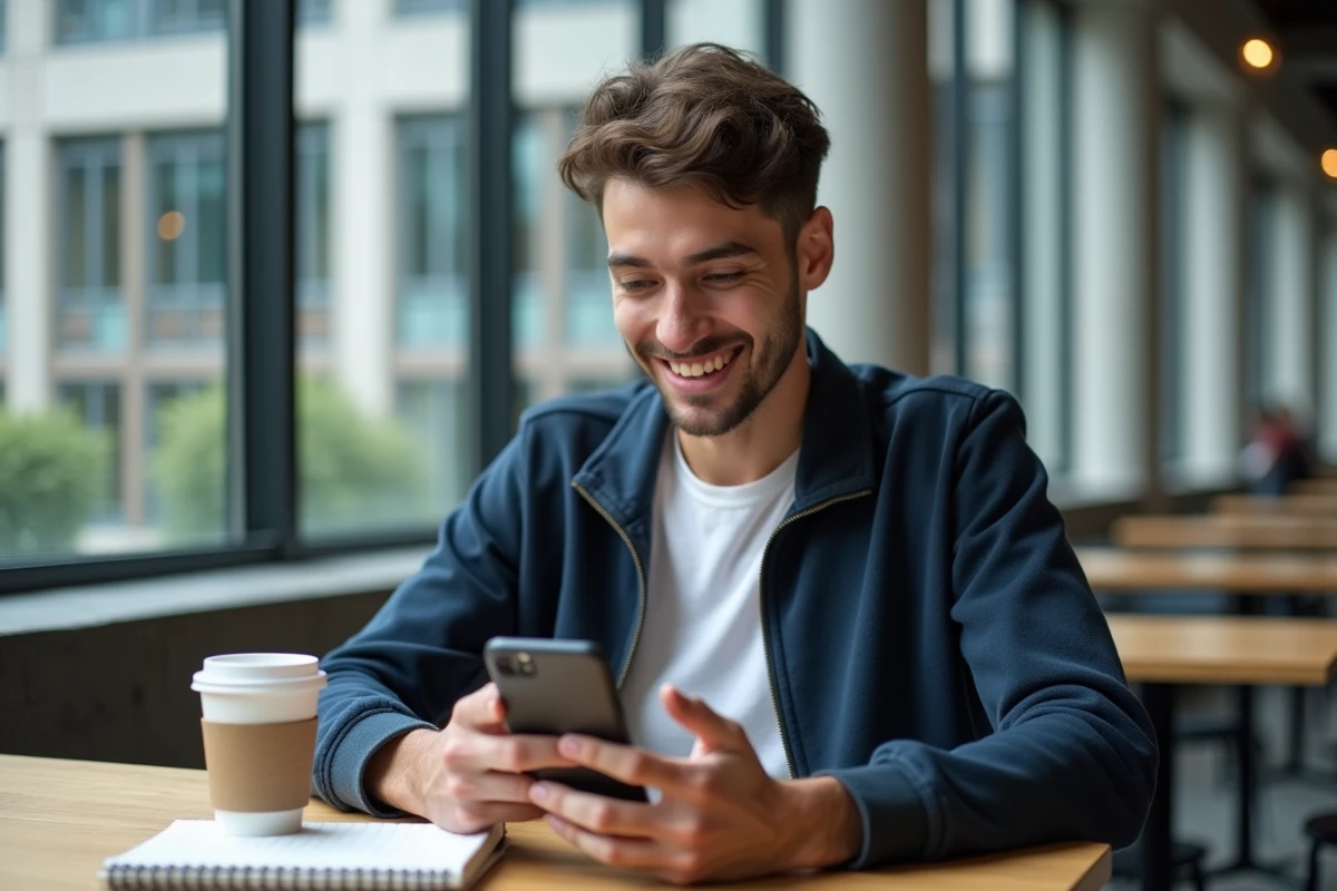 Étudiant utilisant son smartphone pour accéder à l'ENT de Lille depuis un espace commun du campus