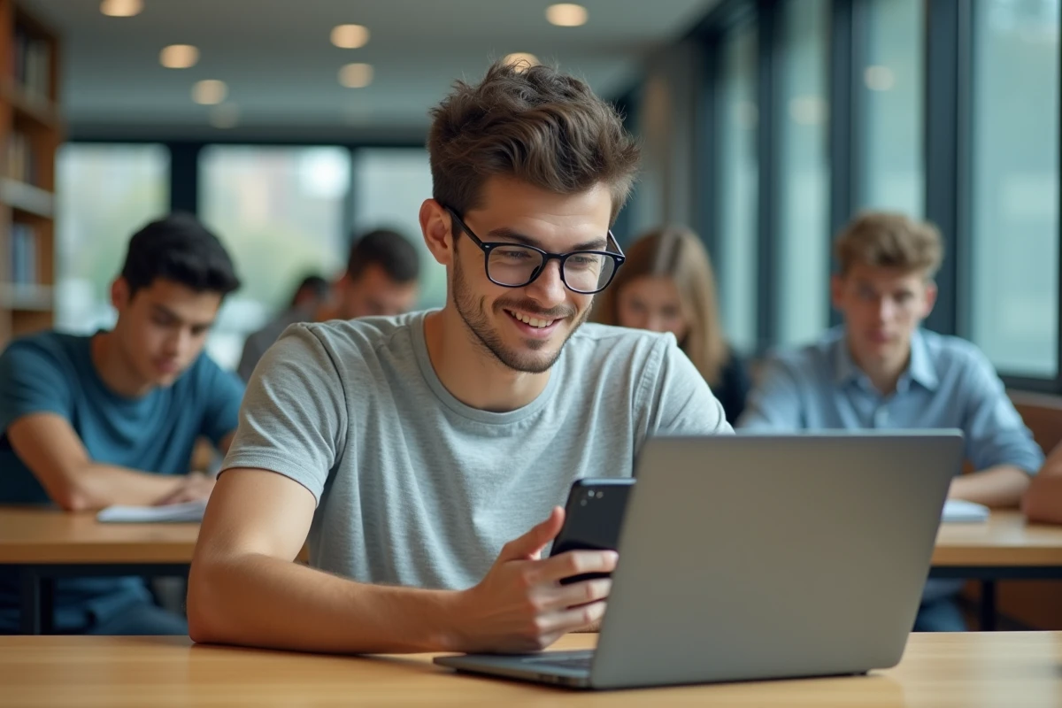 Étudiant consultant son smartphone et son ordinateur portable en bibliothèque universitaire face à un problème d'accès à l'ENT