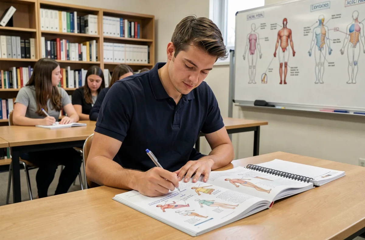 Étudiant en formation d'ergothérapie prenant des notes dans un manuel spécialisé lors d'un cours universitaire