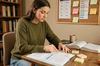 Étudiante révisant les temps du passé espagnol avec des manuels de grammaire ouverts sur un bureau en bois