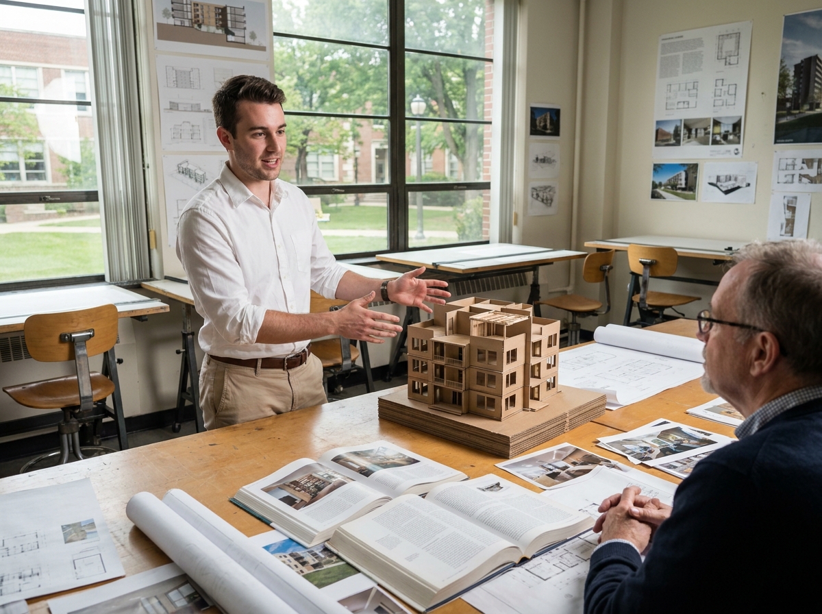 Étudiant en design d'intérieur présentant une maquette architecturale à un professeur en salle de cours