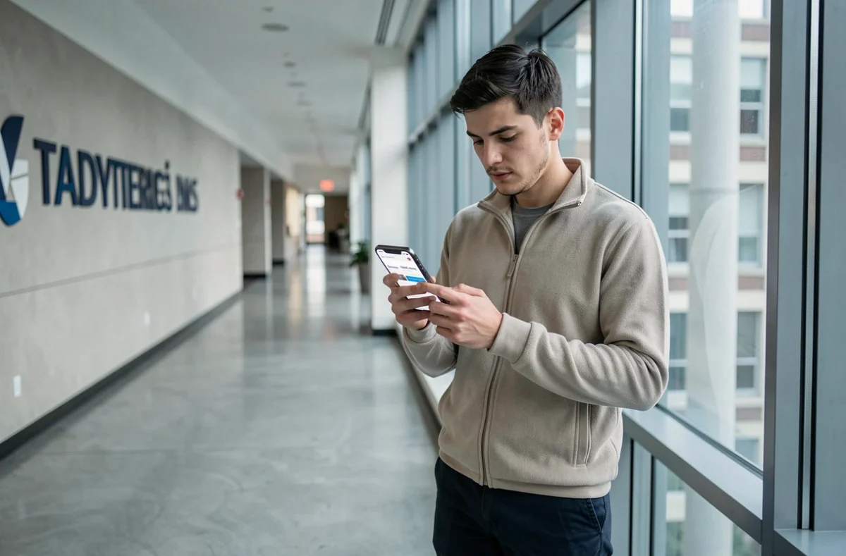 Étudiant de NEOMA consultant la plateforme Neomagora sur son smartphone dans un couloir moderne de campus