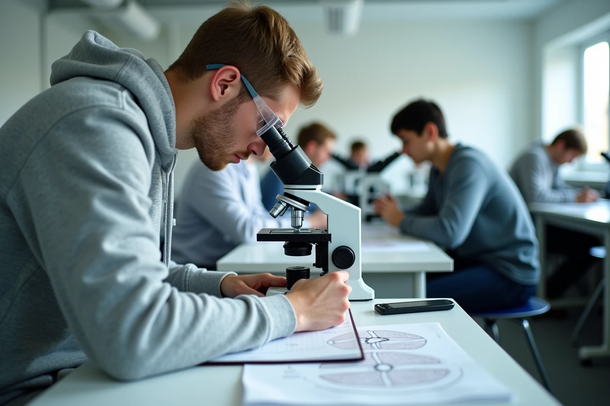 Étudiant en biologie observant une coupe longitudinale au microscope dans une salle de travaux pratiques universitaire