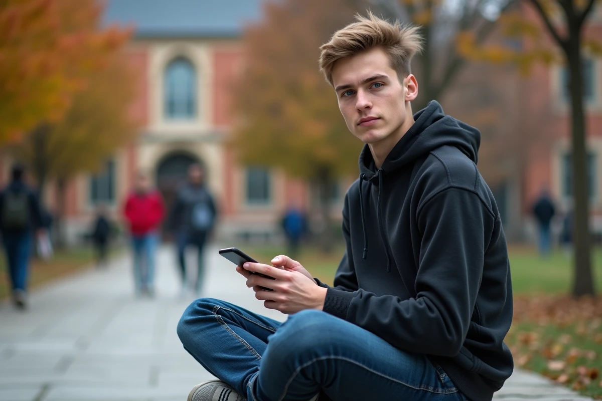 Étudiant consultant son smartphone sur un campus pour retrouver son identifiant id.ac-versailles.fr