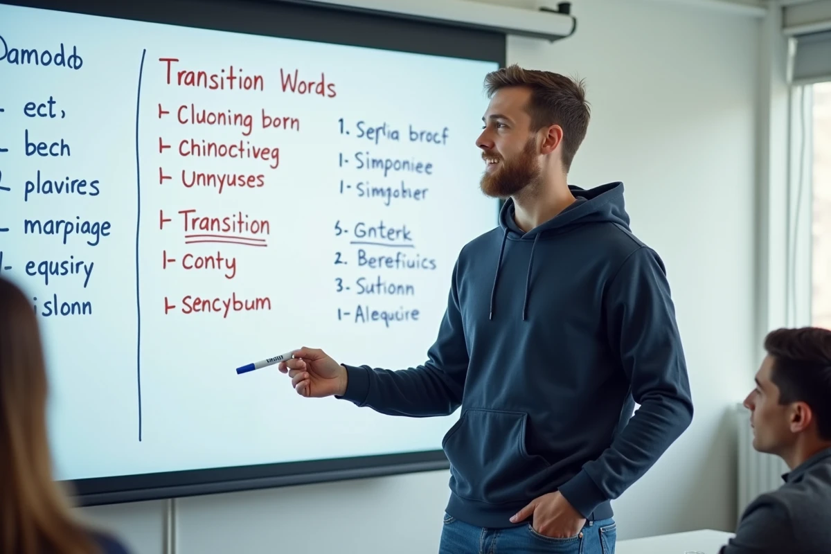 Étudiant présentant un tableau de mots connecteurs variés organisés par catégories dans une salle de classe