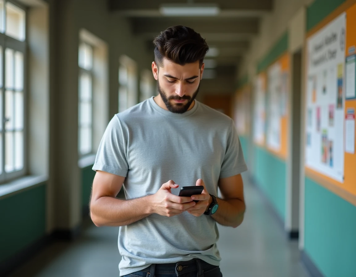 Étudiant vérifiant les changements d'emploi du temps UPVD sur son smartphone dans un couloir universitaire