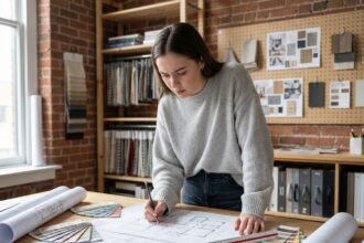 Étudiante en architecture d'intérieur penchée sur des plans de conception dans un studio professionnel