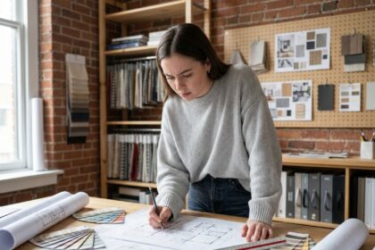 Étudiante en architecture d'intérieur penchée sur des plans de conception dans un studio professionnel