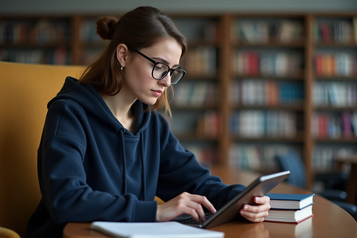 Etudiante seule utilisant une tablette dans la bibliothèque