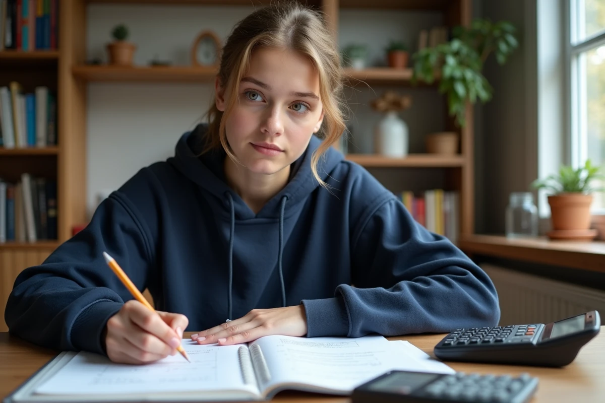 Étudiante calculant le volume d'un cylindre en litres avec une calculatrice et des formules mathématiques sur papier