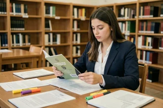 Étudiante comparant les documents des concours BCE et Ecricome dans une bibliothèque universitaire